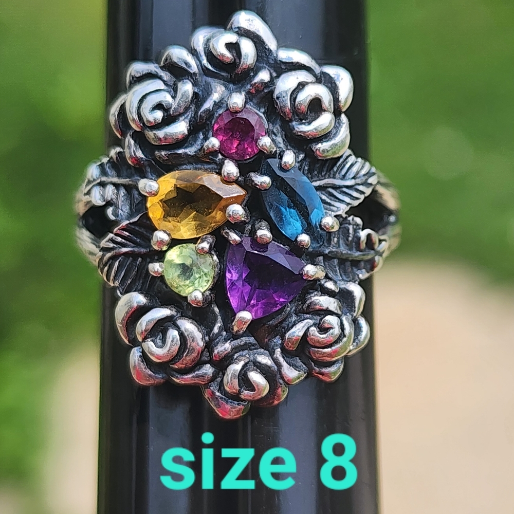 Signed Israel PZ quality sterling silver multi gem flower ring size 8 Fl…